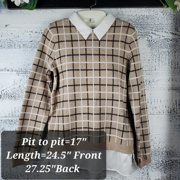 Tahari Women’s Long Sleeve Plaid Layered Tan Sweater Size Medium Preppy - Picture 10 of 10